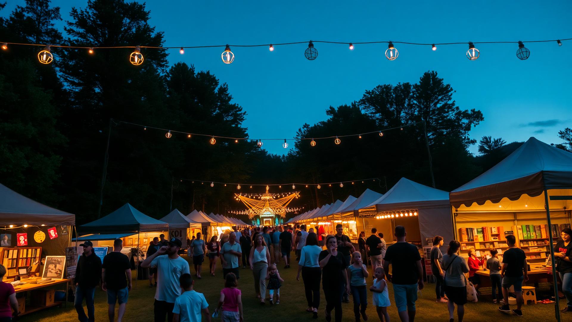 Festival grounds at blue hour with lantern-lit stalls and crowds
