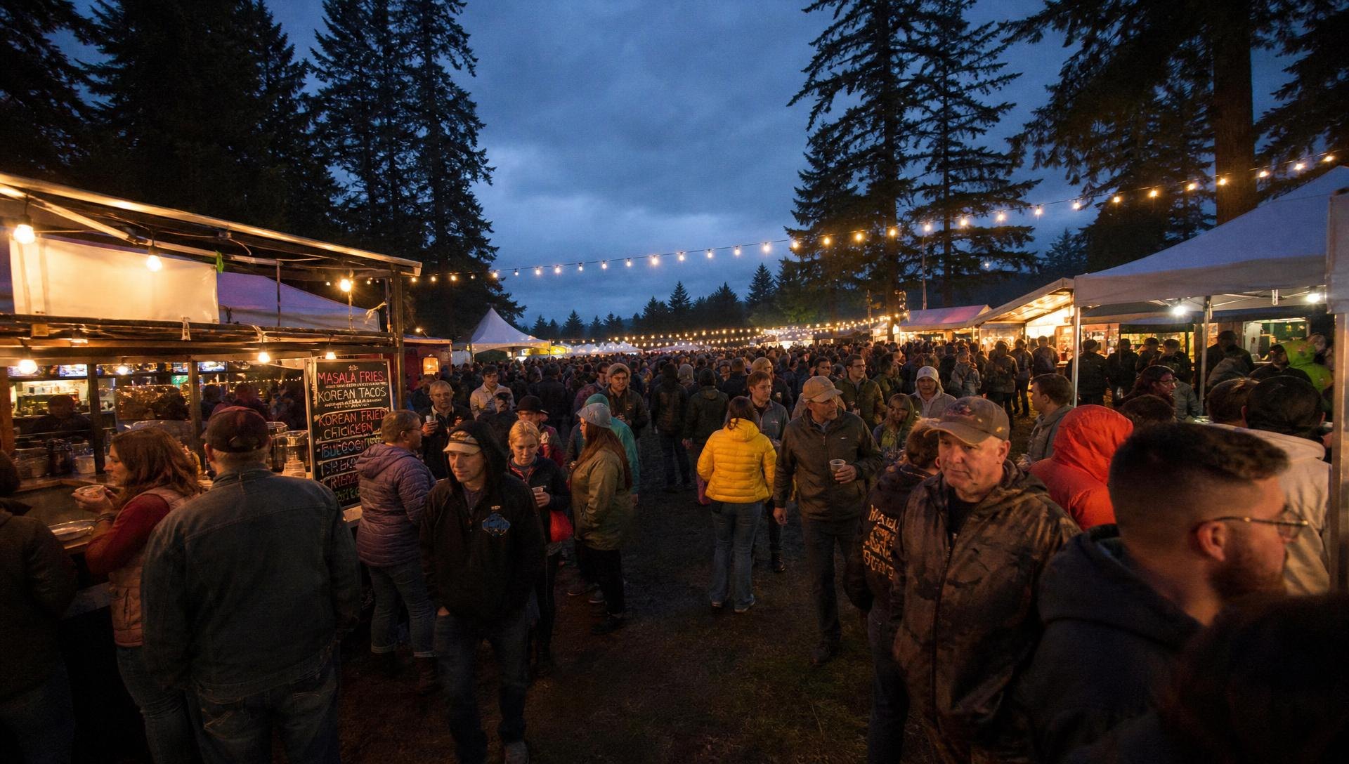 Crowds walking between lantern-lit food stalls under string lights at blue hour, tall firs against a deep blue sky