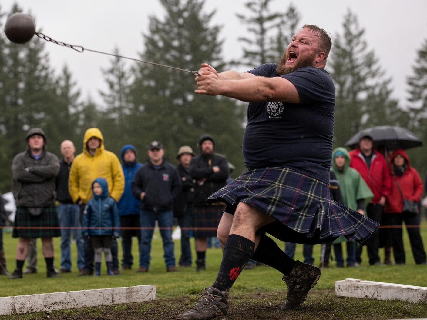 A kilted athlete mid-hammer-throw on wet grass while a crowd in rain jackets watches