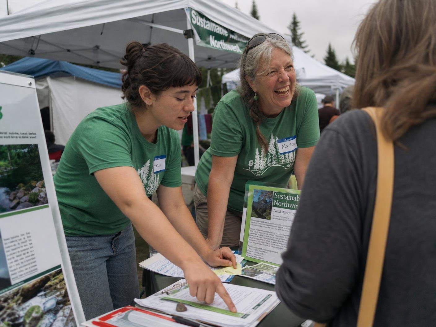 Two volunteers in green shirts leaning across a community group's table to talk with a visitor