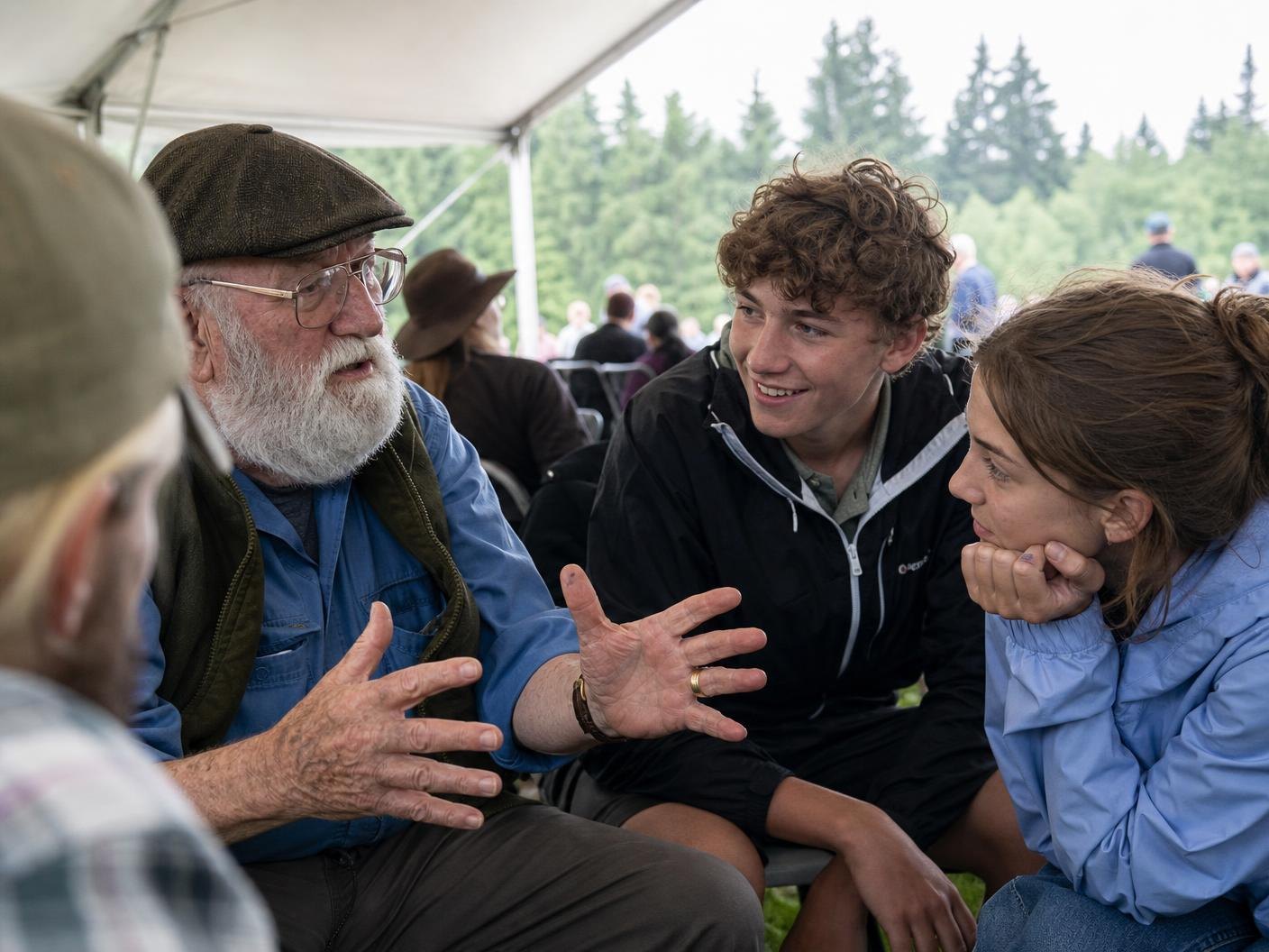 An older storyteller in a flat cap talking with his hands to two teenagers listening under a festival tent