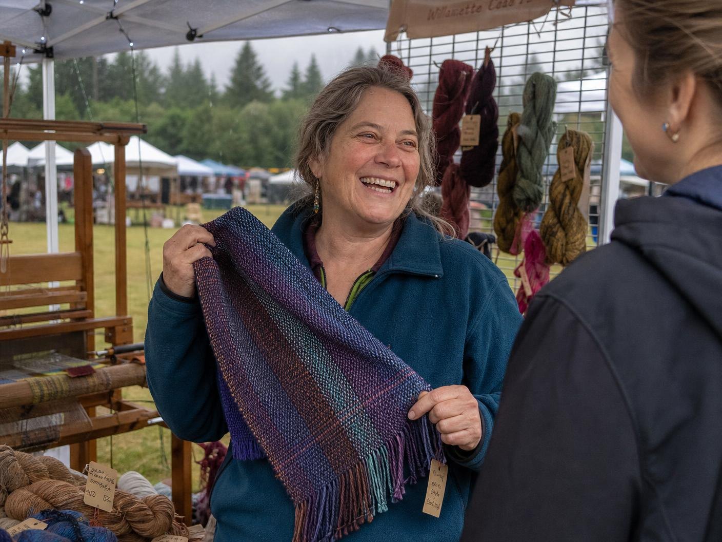 A weaver laughing as she holds up a hand-woven wool scarf for a customer at her market stall