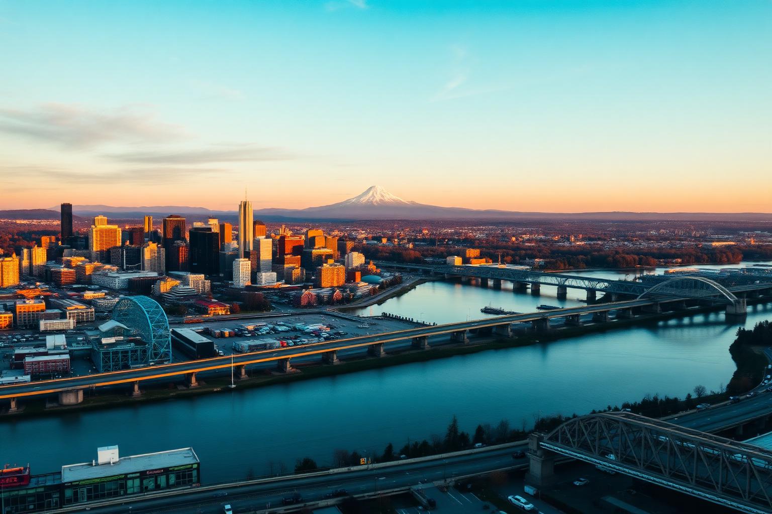 Portland, Oregon skyline at golden hour with Mount Hood beyond