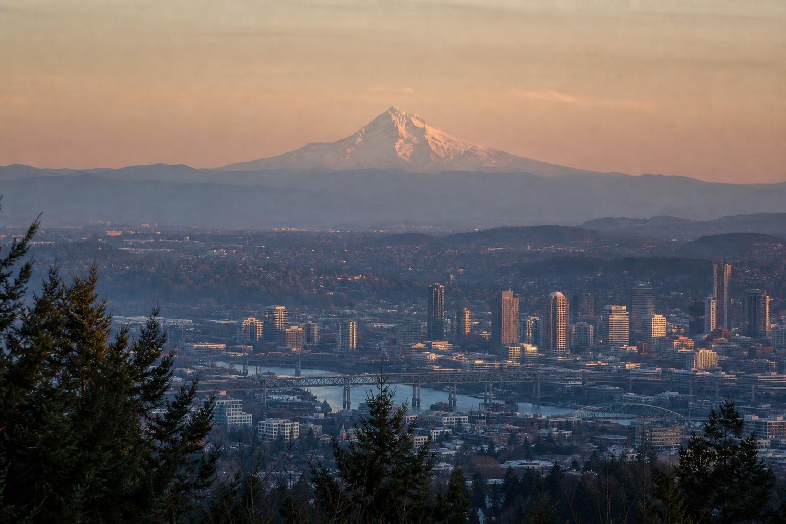Downtown Portland and the Willamette River bridges at golden hour, with snow-capped Mount Hood on the horizon